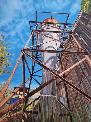 Realistic oil painting of a rusting cyclone dust collector in an USA manufacturing industrial plant.