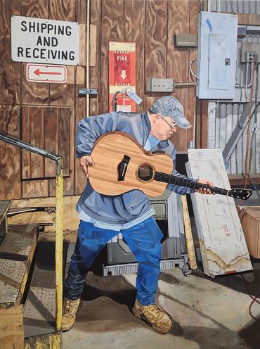 Oil painting of a man playing guitar in a manufacturing shipping office.
