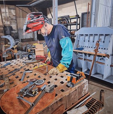 Oil painting of a man welding and fabricating in an American manufacturing plant.