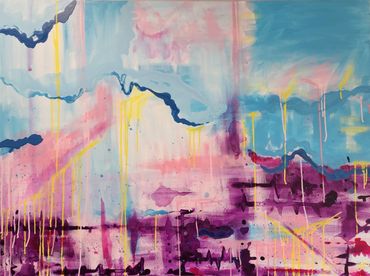 An acrylic abstract painting of morning showers featuring blue, purple, pink and yellow.