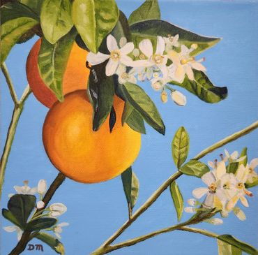 Oil painting of oranges and orange blossoms against a blue sky.