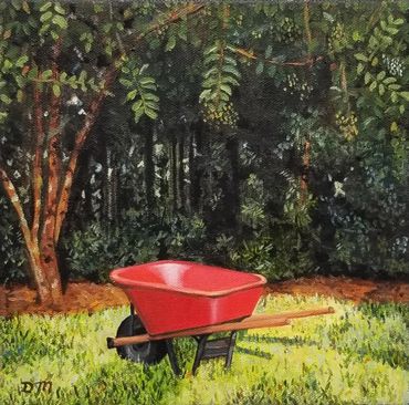 An oil painting of a red wheelbarrow in a garden.