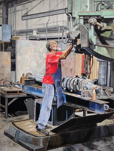 Oil painting of a man running a drill press in an industrial manufacturing plant in Florida.