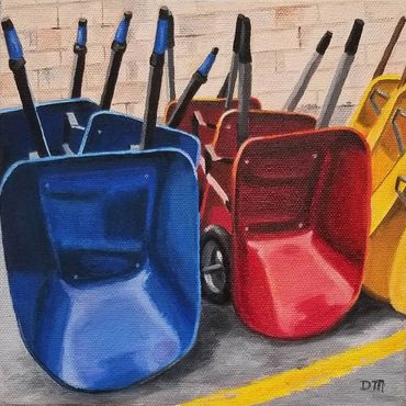 Oil painting of red, yellow, and blue wheelbarrows in rows.