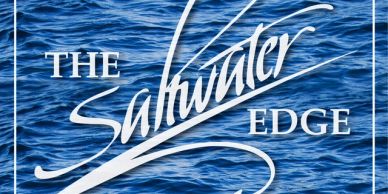 Logo for The Saltwater Edge with ocean waves background.