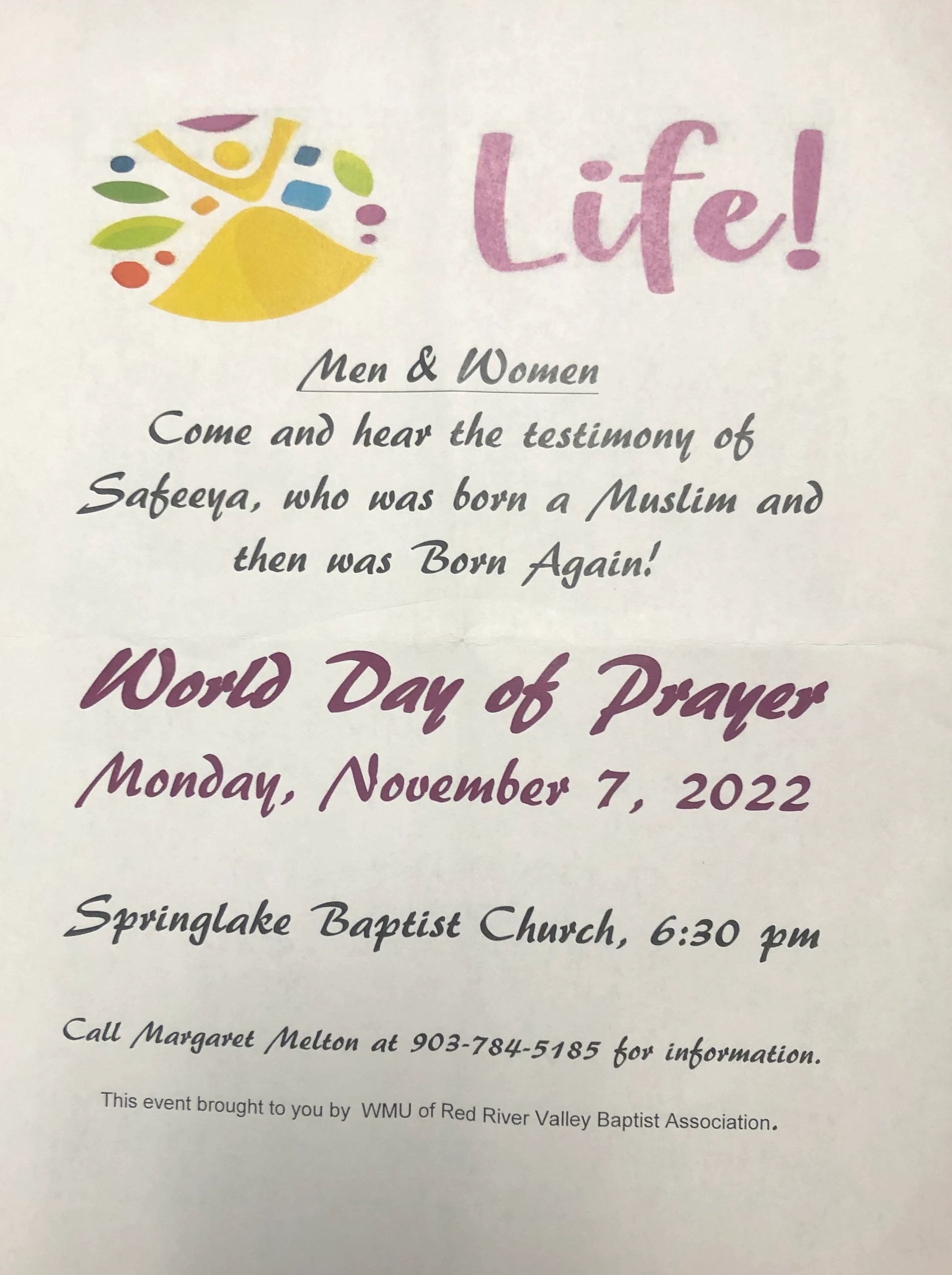 Flyer for a World Day of Prayer event at Springlake Baptist Church.