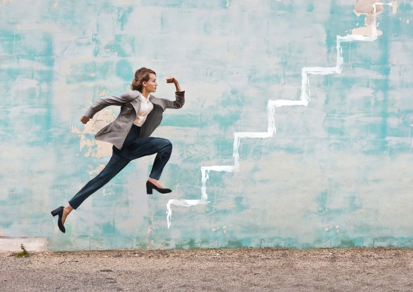 Brave corporate attire woman running up stairs