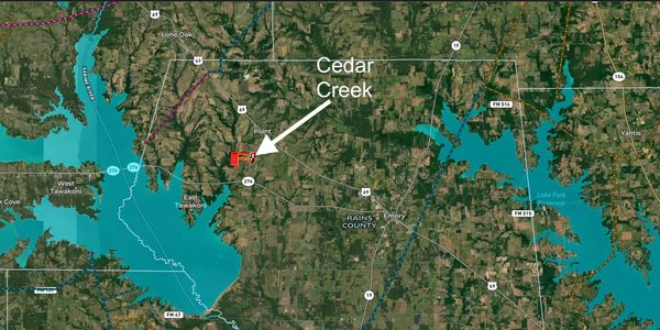 Map highlighting Cedar Creek in Rains County with lakes and roads.