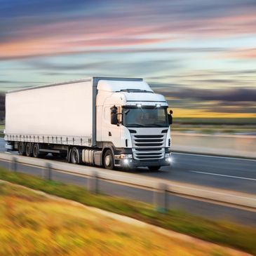 Truck with container on highway, cargo transportation concept. 