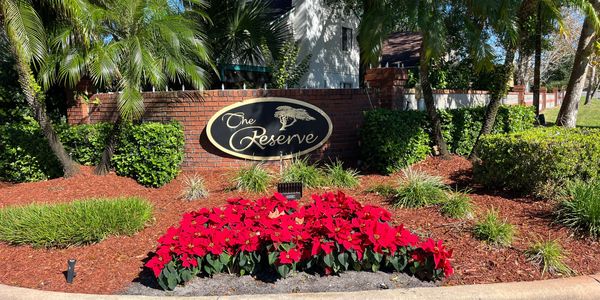 a neighborhood entrance with landscaping and poinsettias installed