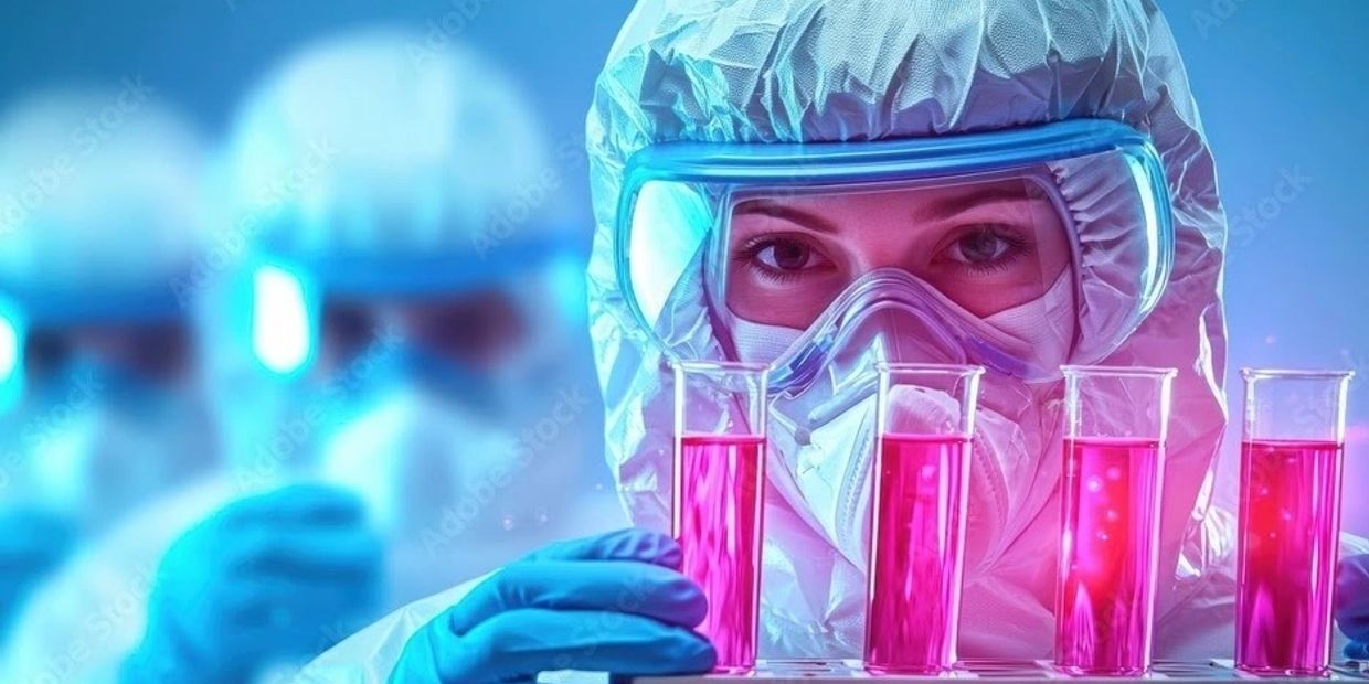 Scientist in protective gear examining pink liquid in test tubes.