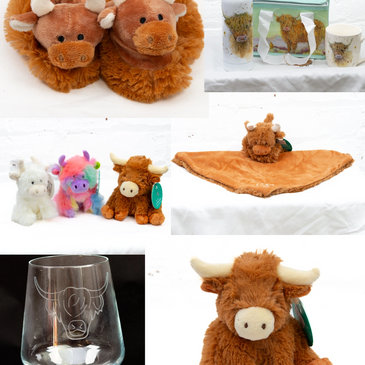 Selection Of Highland Cow Merchandise, From Soft Toys, To Homeware