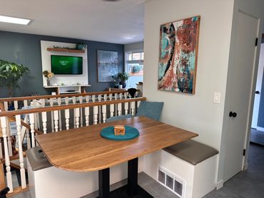 Small spaces need innovation. We built the bench and custom table to fit this small space. 