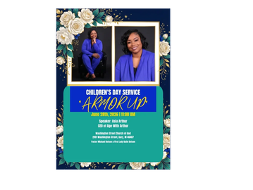 Children's Day Service flyer featuring speaker Asia Arthur in a blue theme with floral accents.