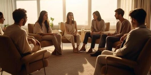 A group therapy session with six people seated in a circle in a cozy room.