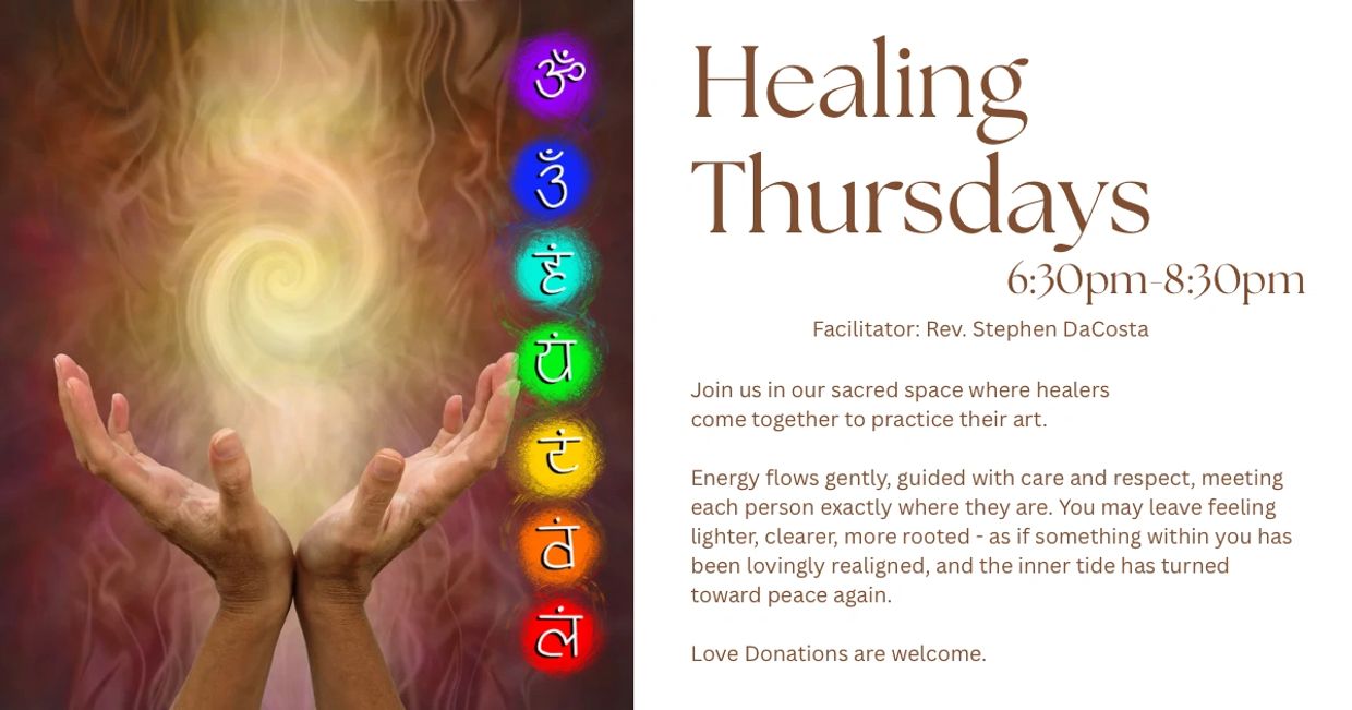 Healing Thursdays event with a spiritual theme and chakra symbols.