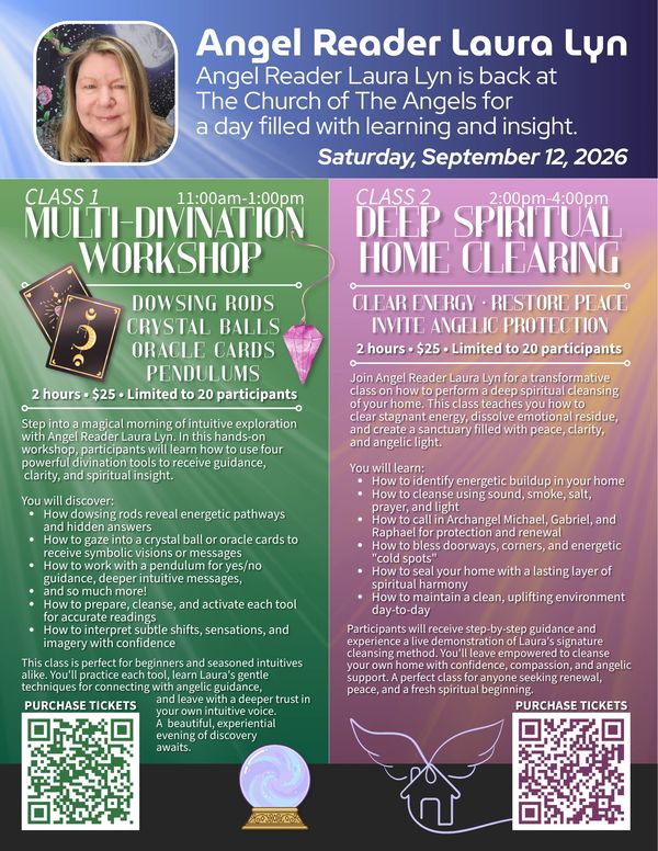 Sign Up Here for the upcoming classes with Angel Reader Laura Lyn on September 12th.  Click here for