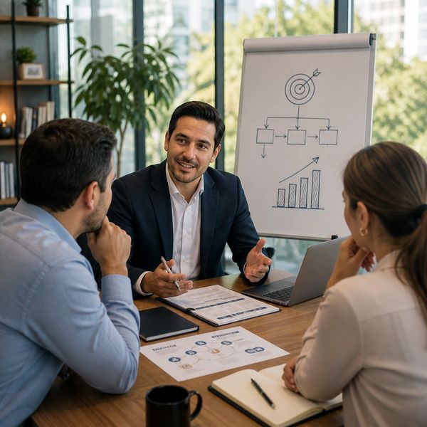 Business meeting with three professionals discussing strategy and growth charts.
