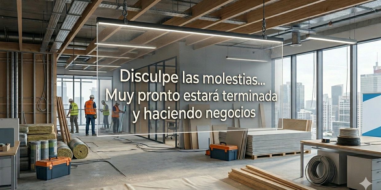 Obra en construcción con aviso de disculpa y próxima apertura.