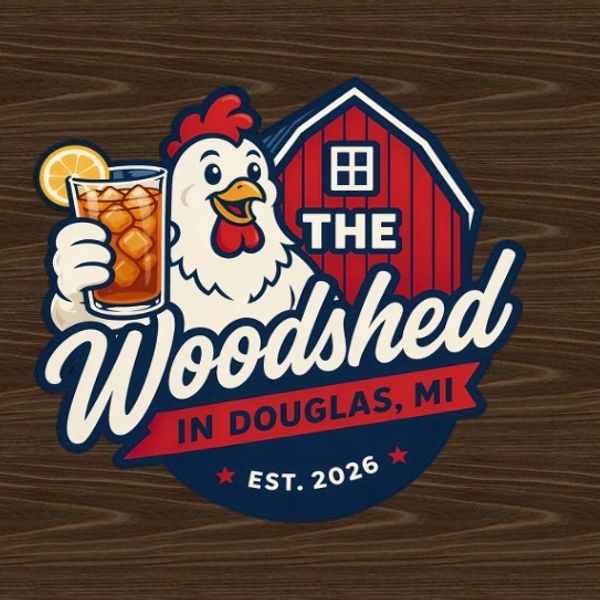Logo of The Woodshed in Douglas, MI featuring a chicken with iced tea.