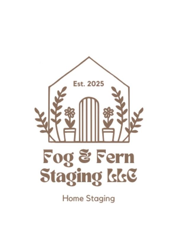 Logo of Fog & Fern Staging LLC with a house and plants design.