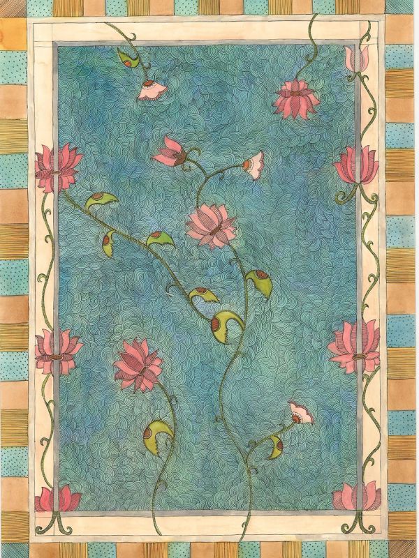Intricate floral pattern with pink flowers and green leaves on a blue background.