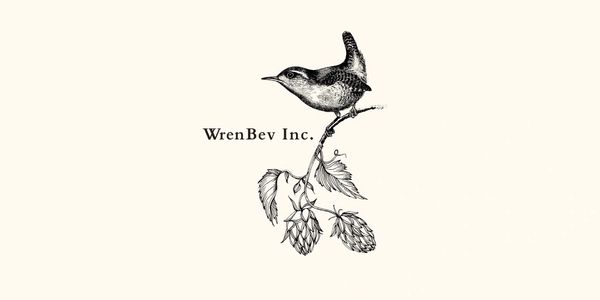 Vintage style logo of a wren bird with hops and text WrenBev Inc.