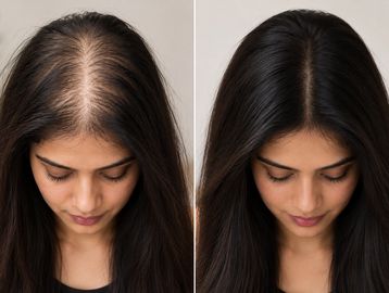 Before and after hair treatment showing reduced hair thinning.