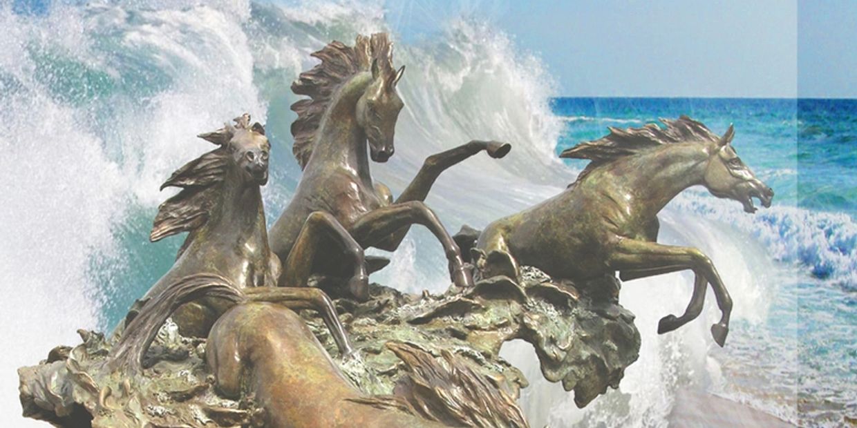 Bronze Sculpture, HorsePower of four horses coming out of the surf...