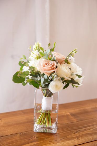 Bridesmaid bouquet in white & blush. With roses, peonies and greenery. Photo Credit: Melissa Lynn Im