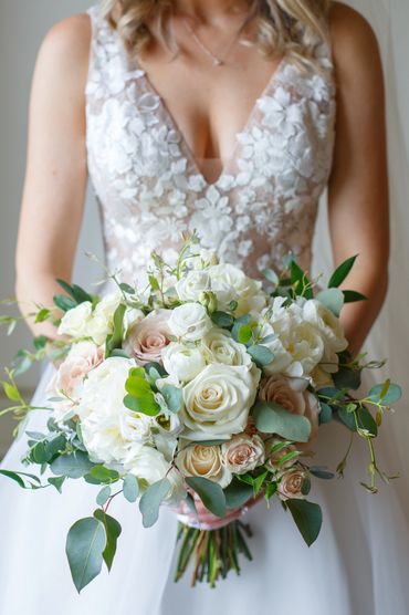 Bride bouquet in white & blush. With roses, peonies and greenery. Photo Credit: Melissa Lynn Images