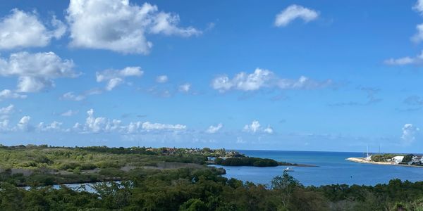 A view of the Dominican Republic, showing blue sky dotted with clouds, green trees, and blue ocean.