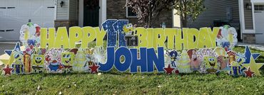 Yellow and Blue birthday yard sign in New Palestine and Greenwood sponge bob