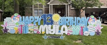 Light Blue and Confetti happy birthday yard sign in Indianapolis and New Palestine