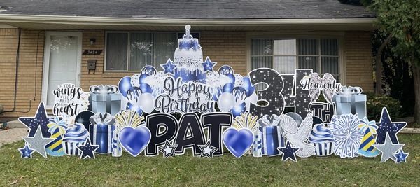 Blue and White tall happy birthday yard signs in Indianapolis, Greenwood and New Palestine