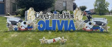 Gold and Blue Congratulations Graduation yard sign in Indianapolis Indiana and Greenwood.
