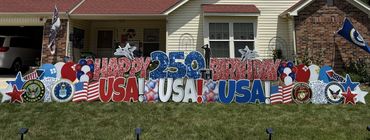 USA 250th yard sign display in Indianapolis and Beech Grove Indiana