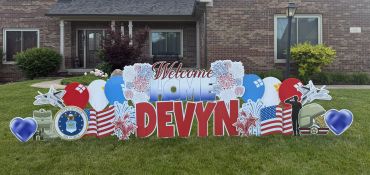 Welcome sign for Devyn with patriotic theme.