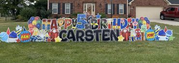 Happy Birthday yard sign and yard card superheroes with black name in Greenwood Indiana