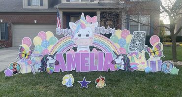 Unicorn Happy Birthday Yard Sign in Greenwood and Indianapolis Indiana with large unicorn