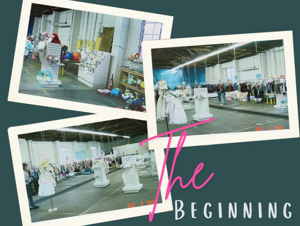 Vintage photos of a clothing and toy store setup.