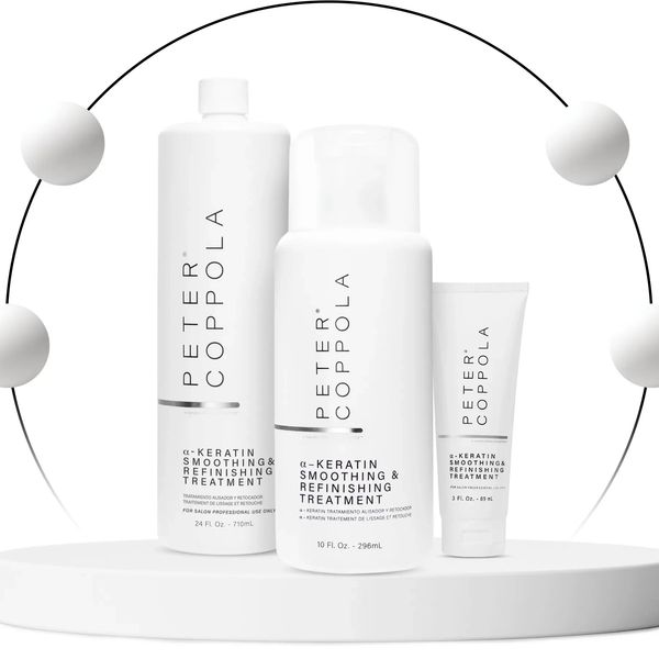 Peter Coppola Keratin Smoothing &amp; Refinishing Treatment bottles in different sizes.