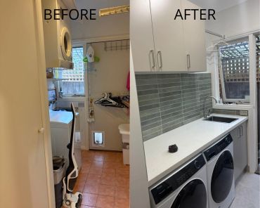 Laundry room transformation from cluttered to modern and organized.
