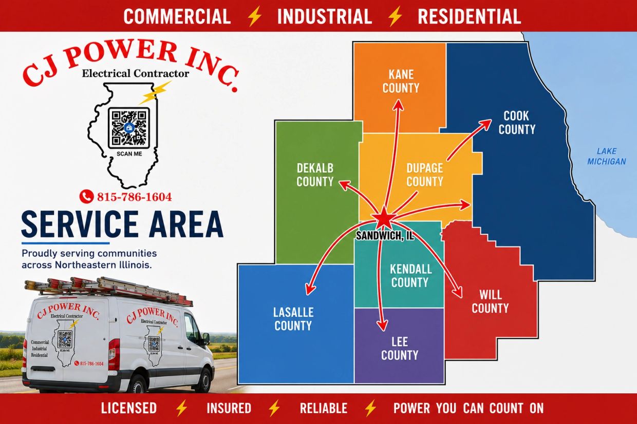 CJ Power Inc. electrical contractor service area in Northeastern Illinois.