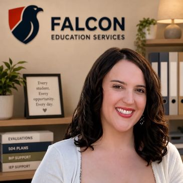 Smiling woman in education office with Falcon Education Services logo.
