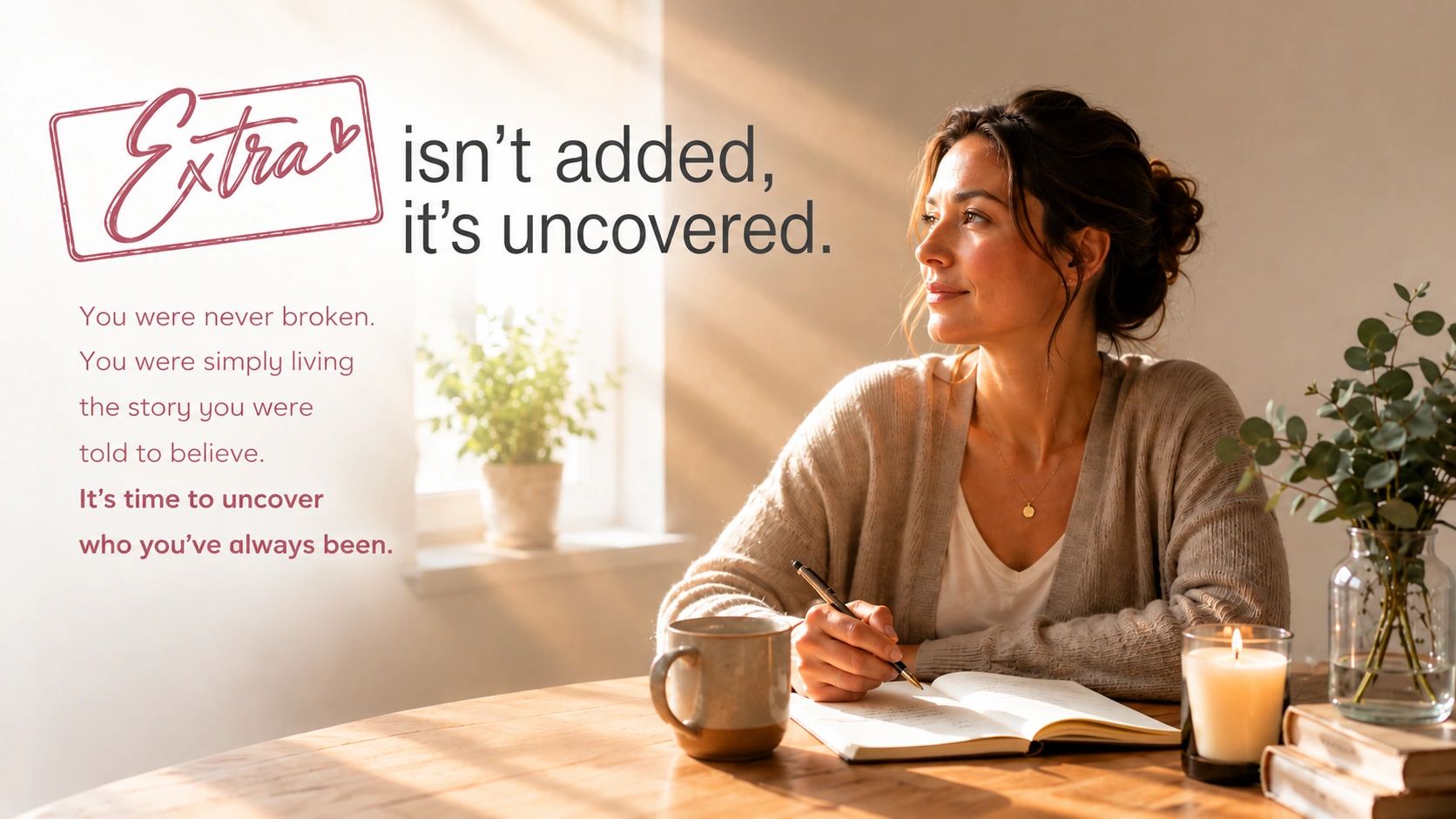 Woman journaling. With text: Extra isn't added it's uncovered.
It's time to uncover who you are.