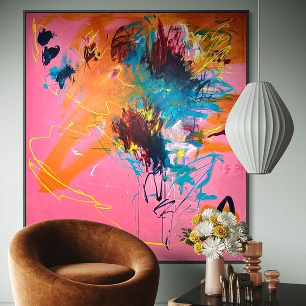 Abstract colorful painting with modern interior decor.