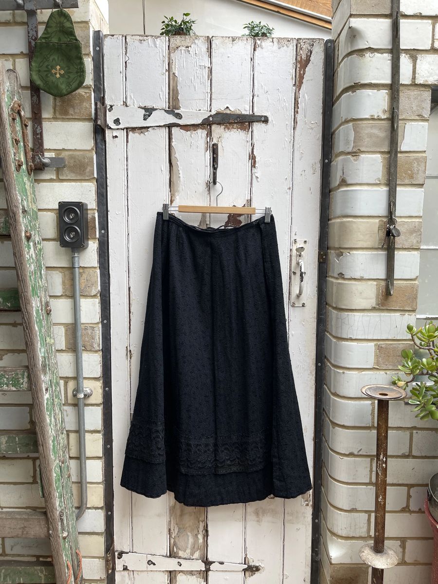 Antique Dutch handmade black textured wool tiered skirt size M
