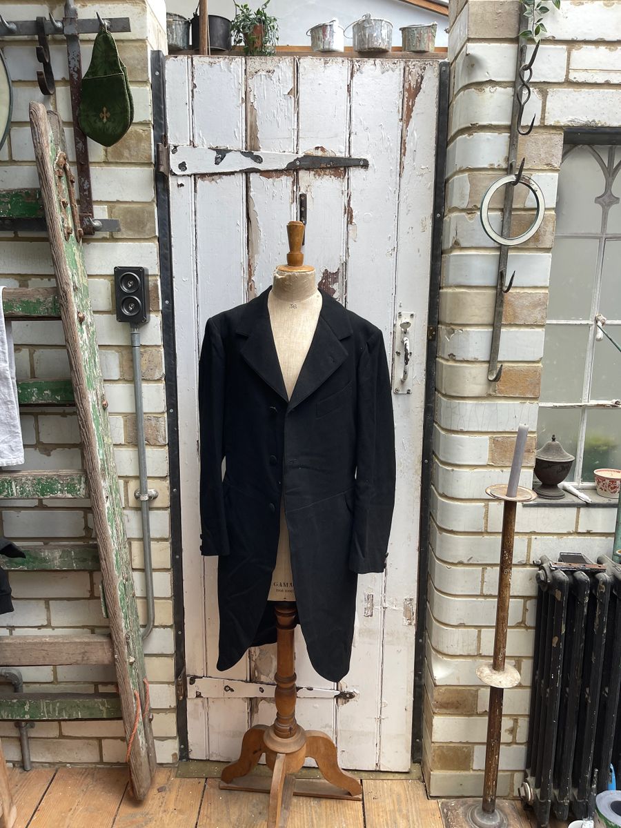 Antique French mens black wool long dinner jacket mourning coat size S