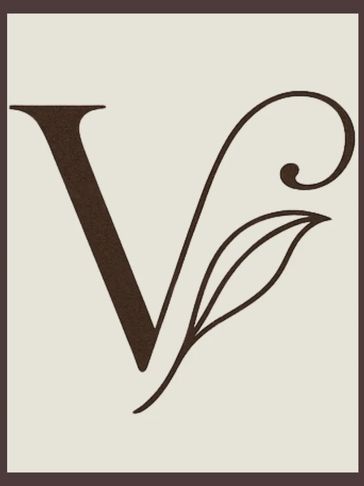 Elegant letter V with a decorative leaf flourish in brown tones.